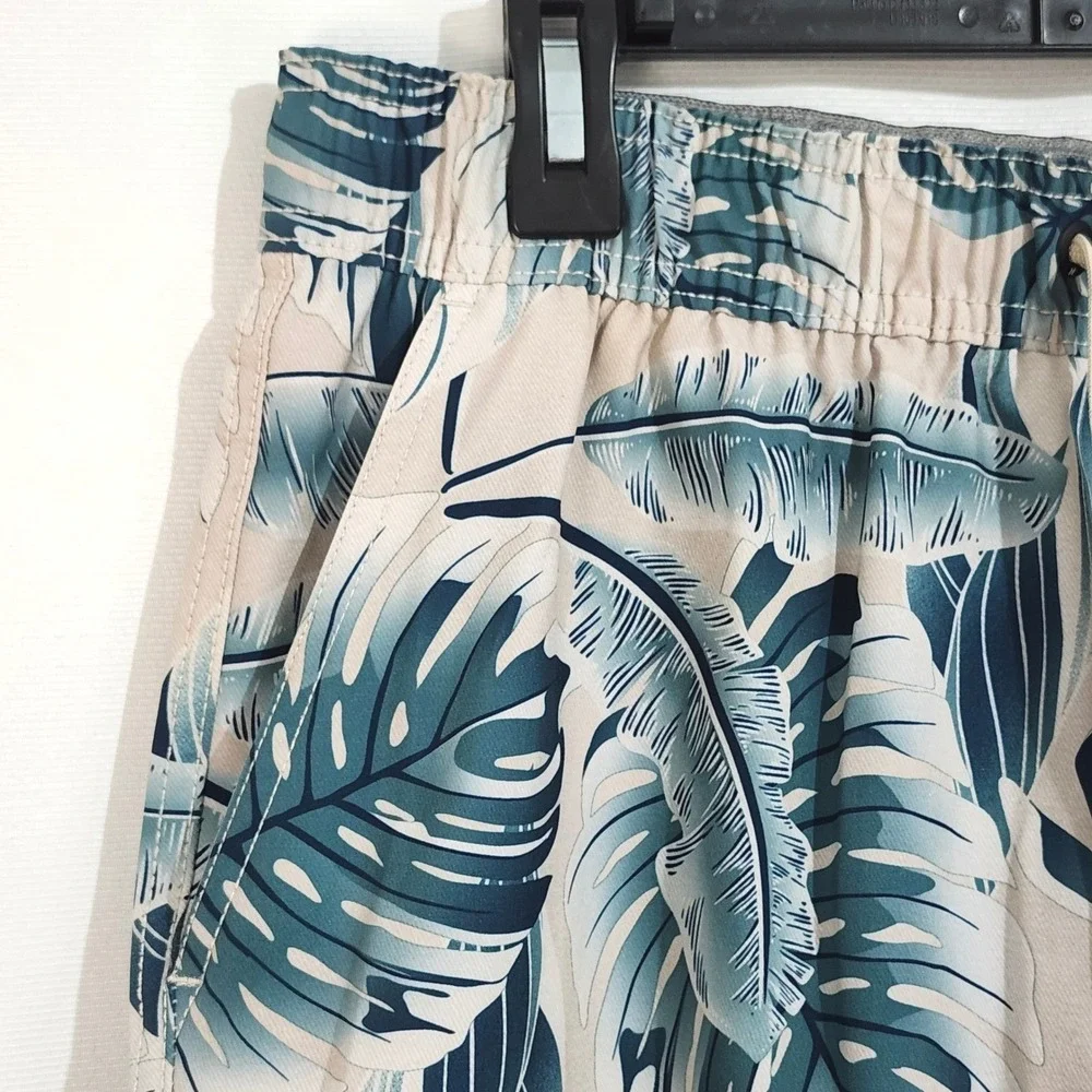 Hurley Lined Swim Trunks Mens Large Tropical‎ Palm Leaf Print Green Cream Shorts